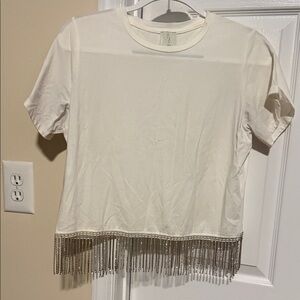 Beaded Fringe Ivory Short Sleeve Tee